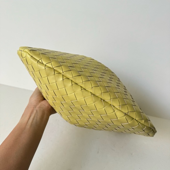 Yellow Intrecciato Woven Half Moon Leather Clutch Wristlet Top Handle Bag - Picture 6 of 16